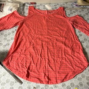 Arizona Jeans Large Amazing Tee Pink Striped Cold Shoulder Long Sleeve Blouse